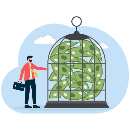 Die Finanzen eines Geschäftsmannes sind im Käfig gefangen  Illustration