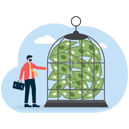 Die Finanzen eines Geschäftsmannes sind im Käfig gefangen  Illustration