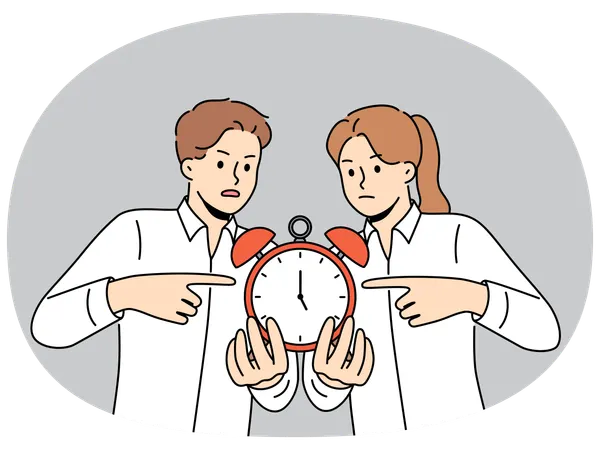 Geschäftsleute halten einen Wecker in der Hand, der Termine symbolisiert, die sofort abgeschlossen werden müssen  Illustration