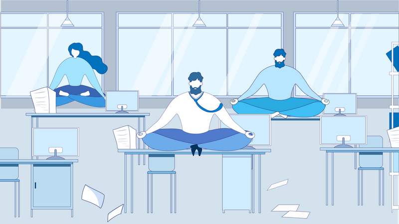 Geschäftsleute meditieren am Tisch im Büro  Illustration