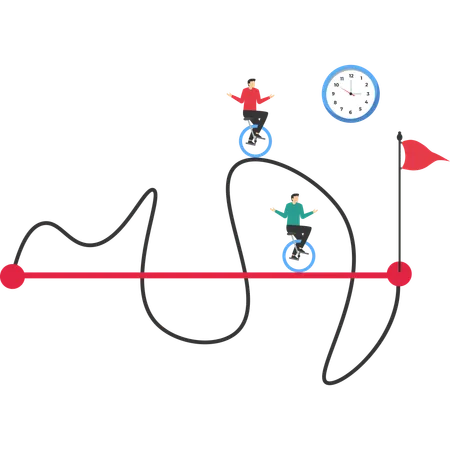 Geschäftsleute mit einfachem oder kurzem Weg zum Erfolg oder schwierigem Weg und Hindernis  Illustration