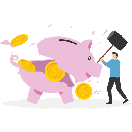 Geschäftsleute mit Vorschlaghämmern dabei, rosa Sparschwein zu zerschlagen, um Geld zu finden  Illustration