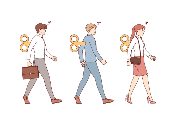 Geschäftsleute-Puppen marschieren in Formation und dank eines Mechanismus, der sie mit Energie füllt  Illustration