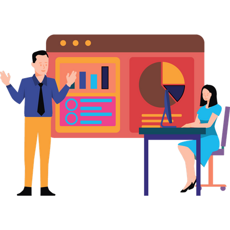 Geschäftsleute sprechen über Analysediagramm  Illustration