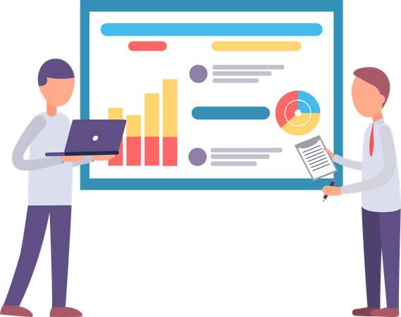 Geschäftsleute stehen mit Analytics neben dem Board  Illustration