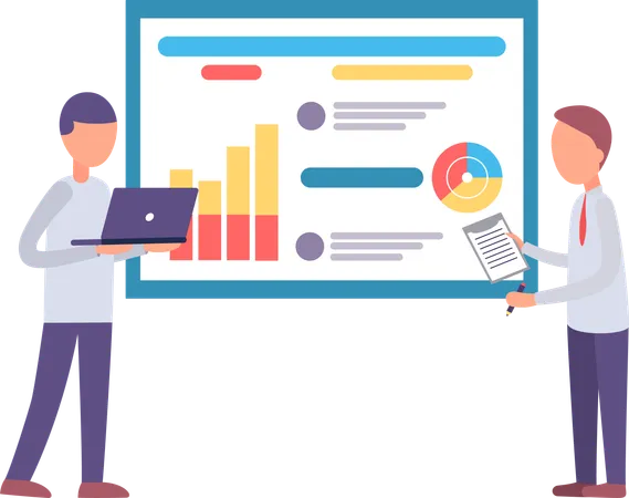 Geschäftsleute stehen mit Analytics neben dem Board  Illustration