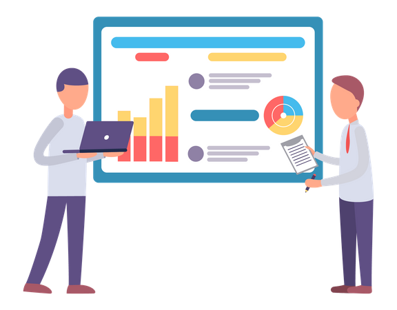 Geschäftsleute stehen mit Analytics neben dem Board  Illustration