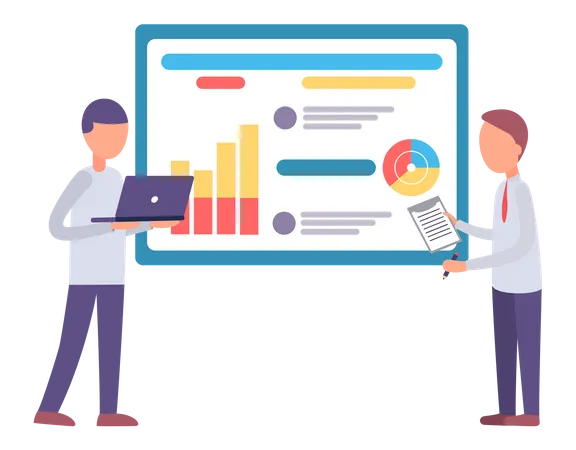 Geschäftsleute stehen mit Analytics neben dem Board  Illustration