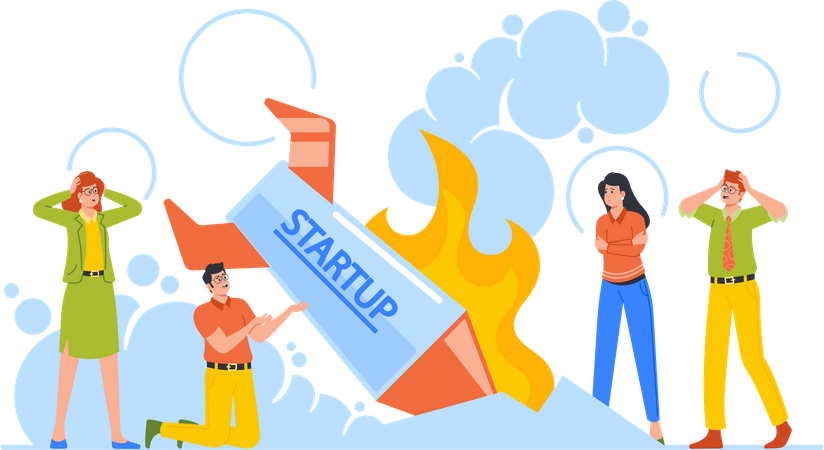 Geschäftsleute stehen vor brennender abgestürzter Start-up-Rakete  Illustration