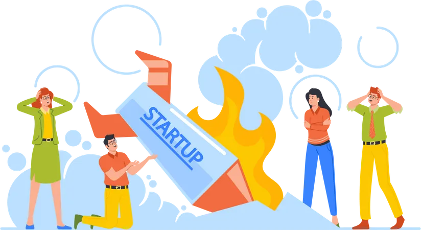 Geschäftsleute stehen vor brennender abgestürzter Start-up-Rakete  Illustration