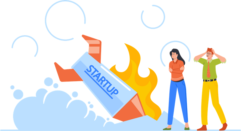 Geschäftsleute stehen vor brennender abgestürzter Startup-Rakete  Illustration