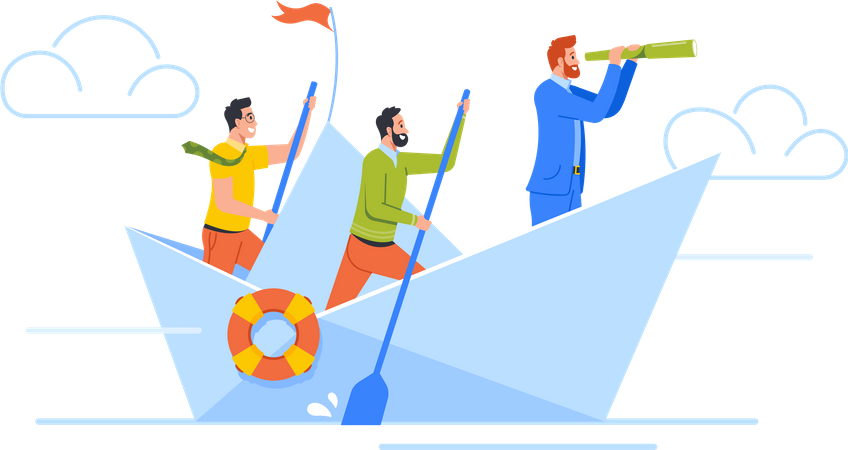 Geschäftsleute-Team schwimmt auf Papierschiff mit Blick ins Fernglas  Illustration