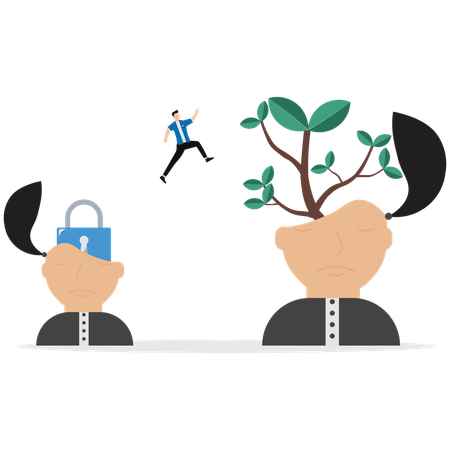 Geschäftsleute verbessern oder entwickeln Ideen, indem sie von einer anderen festen Denkweise zu einer Wachstumsmentalität wechseln  Illustration
