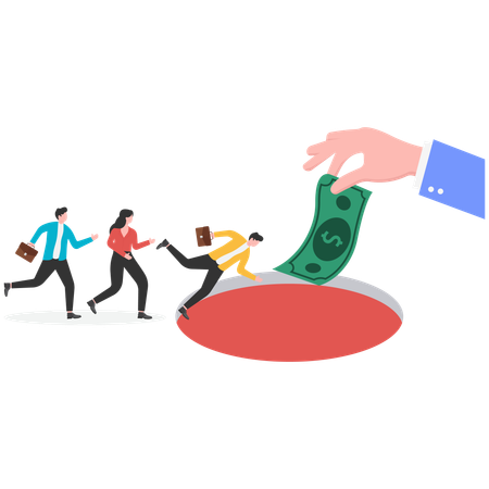 Geschäftsleute versuchen, Geld zu erreichen, das von einer riesigen Hand gehalten wird, die durch eine Schlucht getrennt ist  Illustration