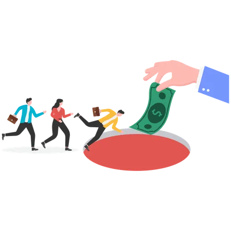 Geschäftsleute versuchen, Geld zu erreichen, das von einer riesigen Hand gehalten wird, die durch eine Schlucht getrennt ist  Illustration