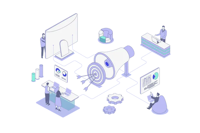 Geschäftsleute ziehen Publikum an, indem sie Online-Werbung in sozialen Netzwerken machen  Illustration