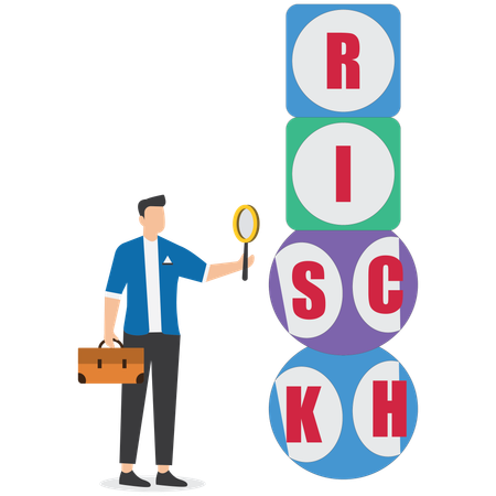 Geschäftsmann analysiert einen Würfel mit dem Wort „reich und risikoreich“  Illustration