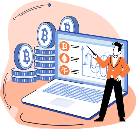 Geschäftsmann analysiert Bitcoin-Mining-Diagramm  Illustration