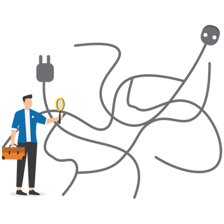 Geschäftsmann analysiert defekte Stromleitungen  Illustration