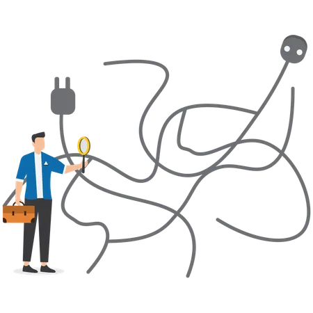 Geschäftsmann analysiert defekte Stromleitungen  Illustration