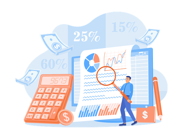 Geschäftsmann analysiert Finanzberichte des Unternehmens und berechnet Steuern und Unternehmensfinanzen  Illustration