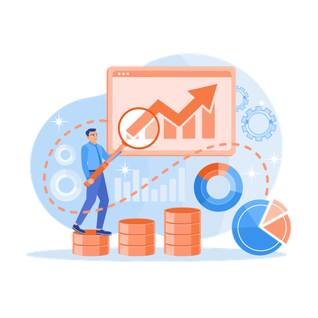 Geschäftsmann analysiert Markttrends und verbessert das Marketing mit SEO-Optimierung  Illustration