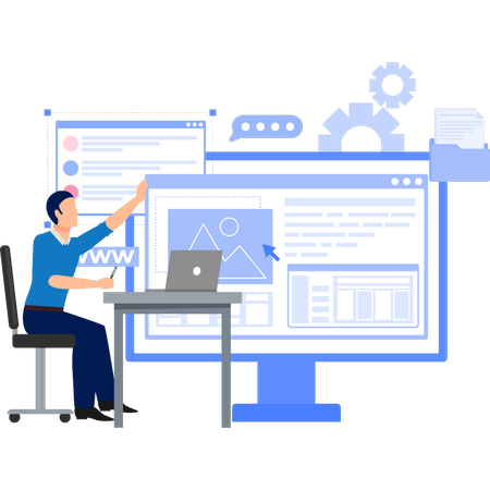 Geschäftsmann analysiert die Entwicklung des Website-Managements  Illustration