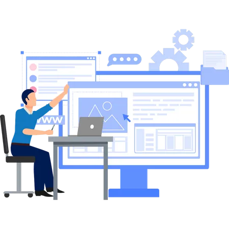 Geschäftsmann analysiert die Entwicklung des Website-Managements  Illustration