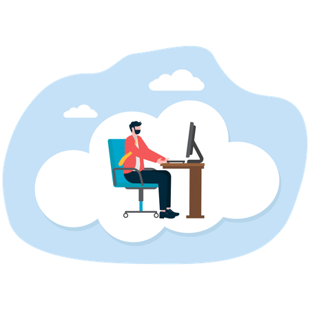 Geschäftsmann arbeitet am Computer in der Cloud  Illustration