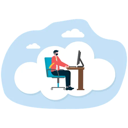 Geschäftsmann arbeitet am Computer in der Cloud  Illustration