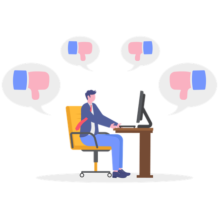 Geschäftsmann, der am Computer arbeitet und dabei Abneigung erntet  Illustration