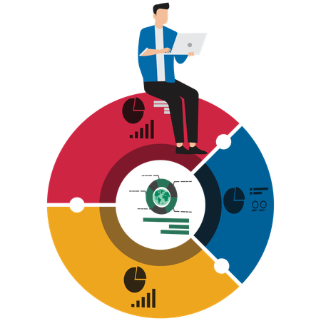 Geschäftsmann arbeitet am Laptop mit globalem Portfolio  Illustration