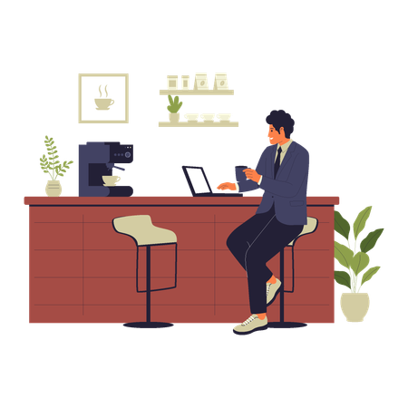 Geschäftsmann, der am Laptop arbeitet und im Café Kaffee trinkt  Illustration