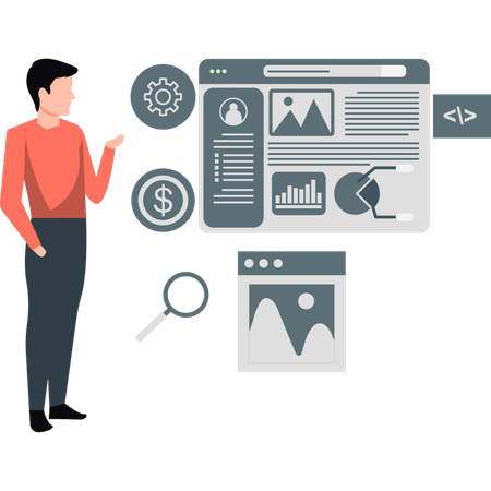 Geschäftsmann arbeitet an Analyseseite  Illustration