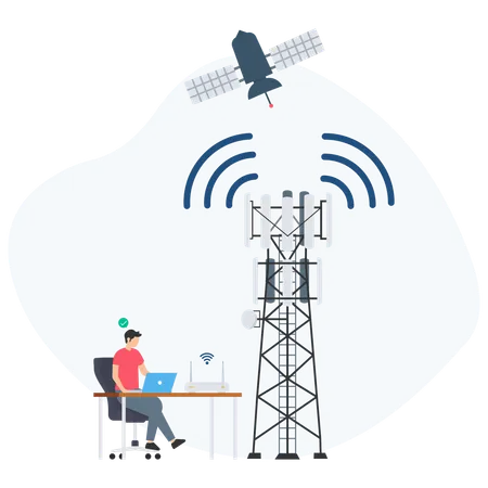 Geschäftsmann arbeitet an Antennensignalen  Illustration