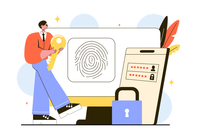 Geschäftsmann arbeitet an biometrischem Personenschutz  Illustration