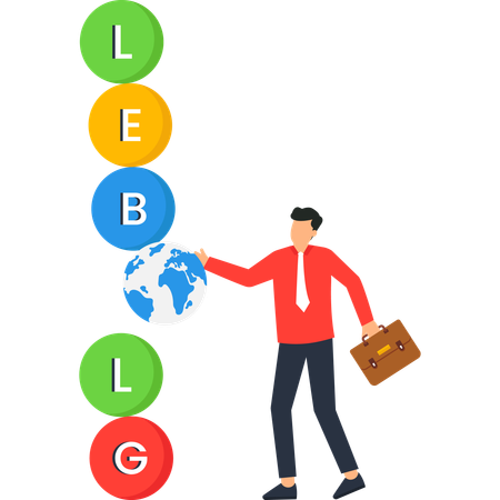 Geschäftsmann arbeitet an der Nivellierung globaler Geschäftsstrategien  Illustration