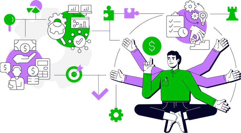Geschäftsmann, der an der Unternehmensführung arbeitet  Illustration