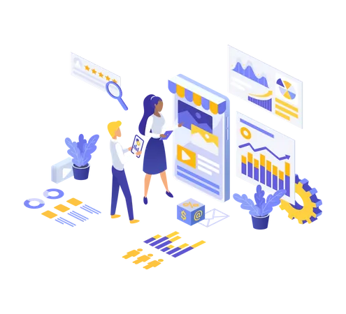 Geschäftsmann arbeitet an einer Präsentation zur Online-Shopping-Analyse  Illustration