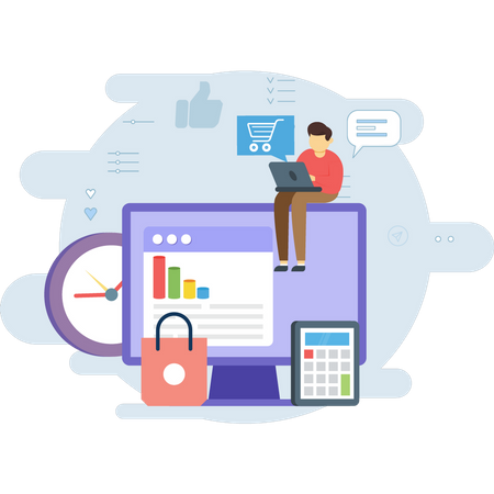 Geschäftsmann arbeitet an einer Präsentation zur Online-Shopping-Analyse  Illustration