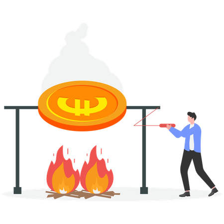 Geschäftsmann arbeitet hart daran, Goldmünzen zu schmelzen  Illustration