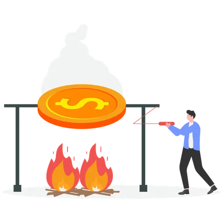 Geschäftsmann arbeitet hart daran, Goldmünzen zu schmelzen  Illustration