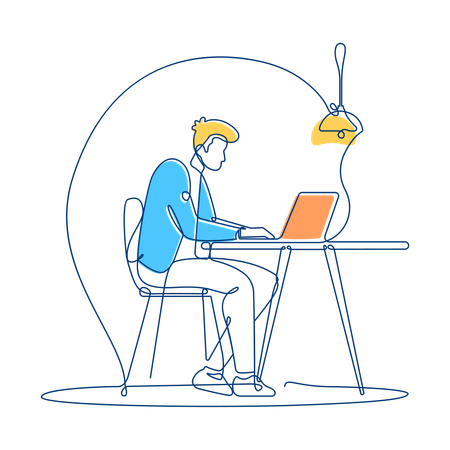 Geschäftsmann, der im Arbeitsbereich mit Laptop arbeitet  Illustration