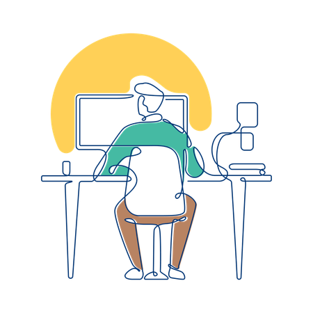 Geschäftsmann, der im Arbeitsbereich mit Laptop arbeitet  Illustration