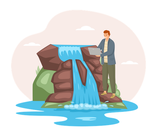 Geschäftsmann, der in der Nähe eines Wasserfalls arbeitet  Illustration