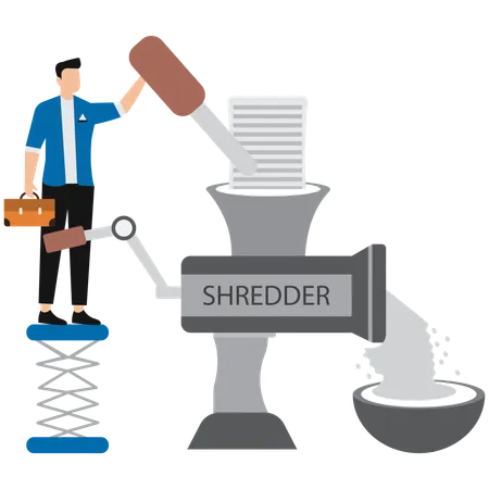 Geschäftsmann, der mit Aktenvernichter arbeitet  Illustration