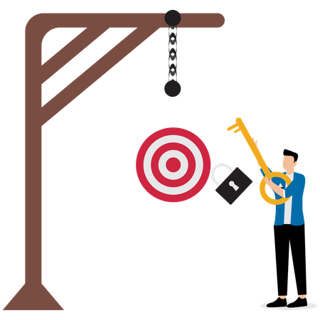 Geschäftsmann öffnet Ziel in Käfig mit Schlüssel  Illustration