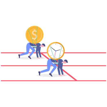 Geschäftsmann bereit für den Wettlauf mit Geld und Zeit  Illustration
