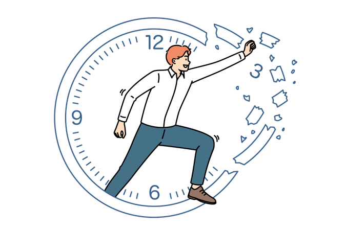 Geschäftsmann, der sich mit Zeitmanagement beschäftigt und dabei die Uhr zerbricht, um die Produktivität zu steigern  Illustration