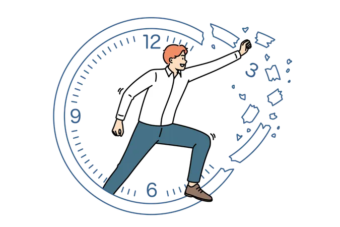 Geschäftsmann, der sich mit Zeitmanagement beschäftigt und dabei die Uhr zerbricht, um die Produktivität zu steigern  Illustration
